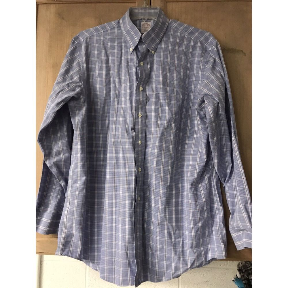 Brooks Brothers Non Iron Mens 16 1/2-35 Blue/White/Purple Checked